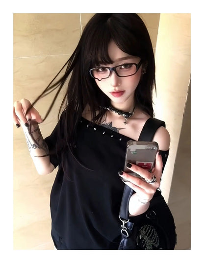 Black Off Shoulder Cross Women's T-shirt Short Sleeve 2000s Clothes Y2k Summer Tops Tees Female Clothing Chic Vintage