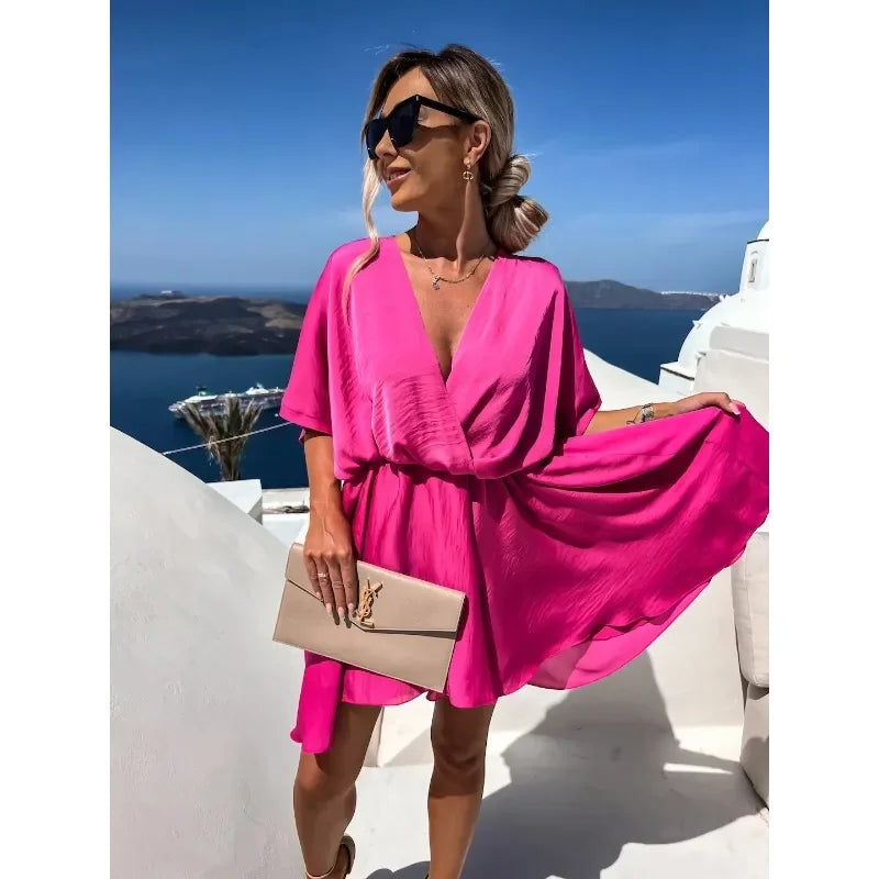 Women's S-XL size Commuter Dress Fashion V-neck Short Sleeved Solid Satin Loose Dress Leisure Vacation Party Women's Dress
