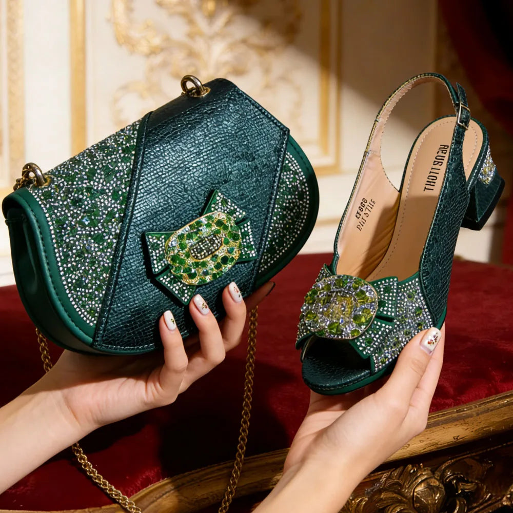 Elegant Purple Rhinestone Peep Toe High Heels for Women - Italian Design Sandals with Matching Handbag Set