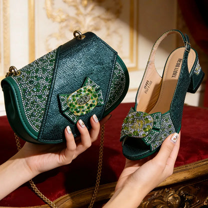 Elegant Purple Rhinestone Peep Toe High Heels for Women - Italian Design Sandals with Matching Handbag Set