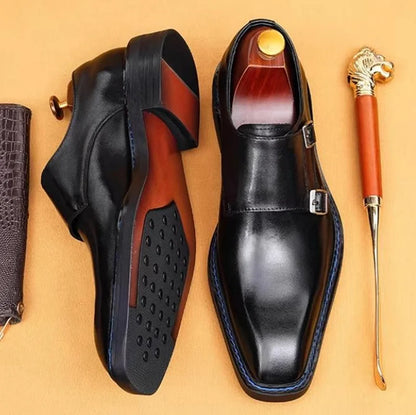 High-end Cowhide Leather Shoes For Men Square Toe Double Monk Strap Shoes Mens Dress Shoes Slip On Business Formal Shoes