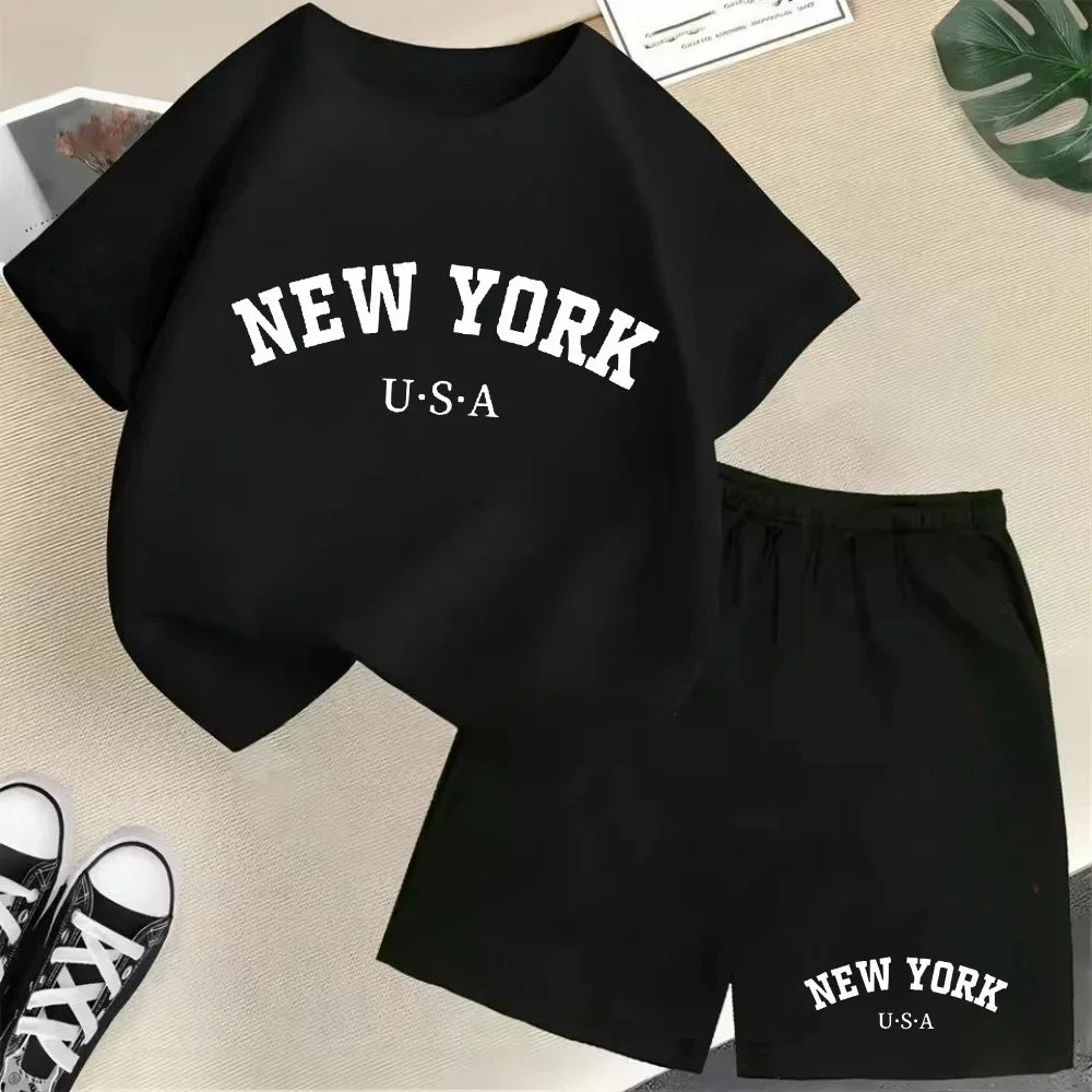 New York letter pattern boy and girl T-shirt+shorts 2-piece set