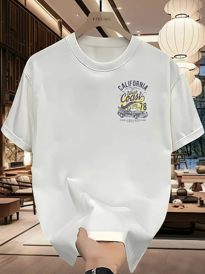 Vintage California West Coast Surfing Graphic Tee with Retro Car and Sun Print 100% Cotton Men's T-shirt Summer Casual Beachwear