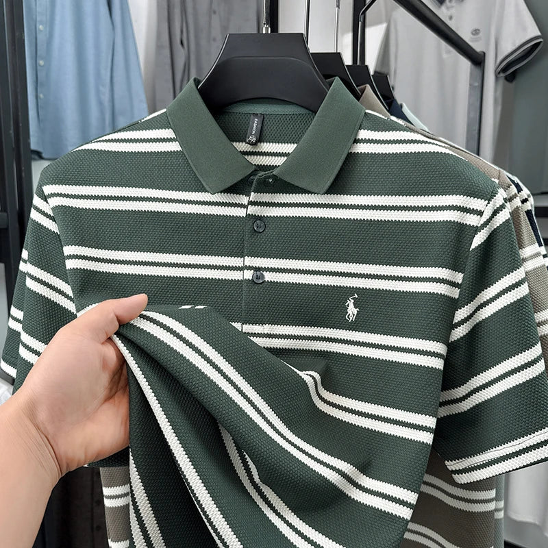 2026 New Men's Summer Short Sleeved Lapel Striped Polo Shirt, Business Casual Cool T-shirt