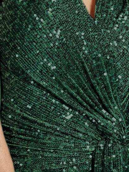 Luxury Green Floor Length V-Neck Evening Dresses Women Elegant Party Maxi Sequins Short Sleeves Prom Cocktail Gowns