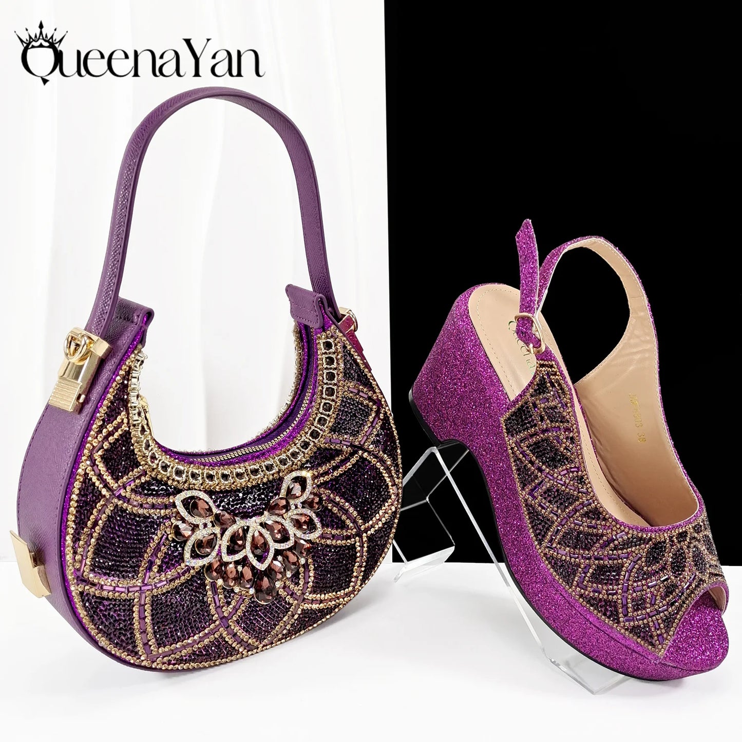 African Shoe and Bag Set for Wedding Women Shoes and Bag To Match Set with Rhinestone Italy Pumps Women Shoes Luxury