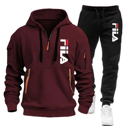 2026 Autumn and winter new men's multi pocket zipper hooded sports shirt+pants two-piece set, men's casual pullover sports set