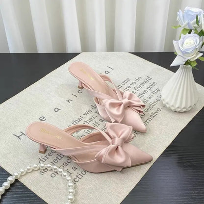 Fairy Style Pink Cool Slippers for Women's Summer 2024 French Pointed Bow Hollow High Heels, Half Wrapped Women's Slippers