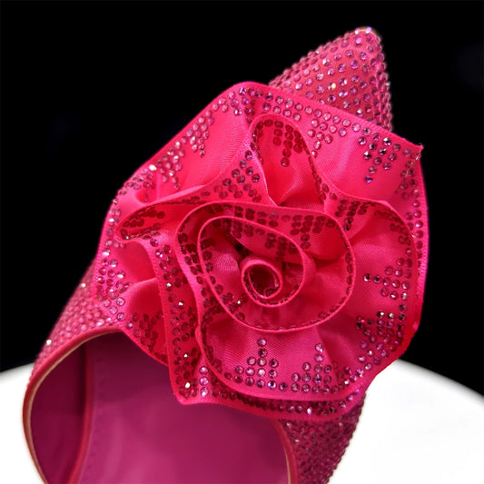 Shiny Fuchsia Color Shoes and Bag Elegant Handbags and Medium Heel Shoes Beautiful Handmade Flowers For Wedding Party