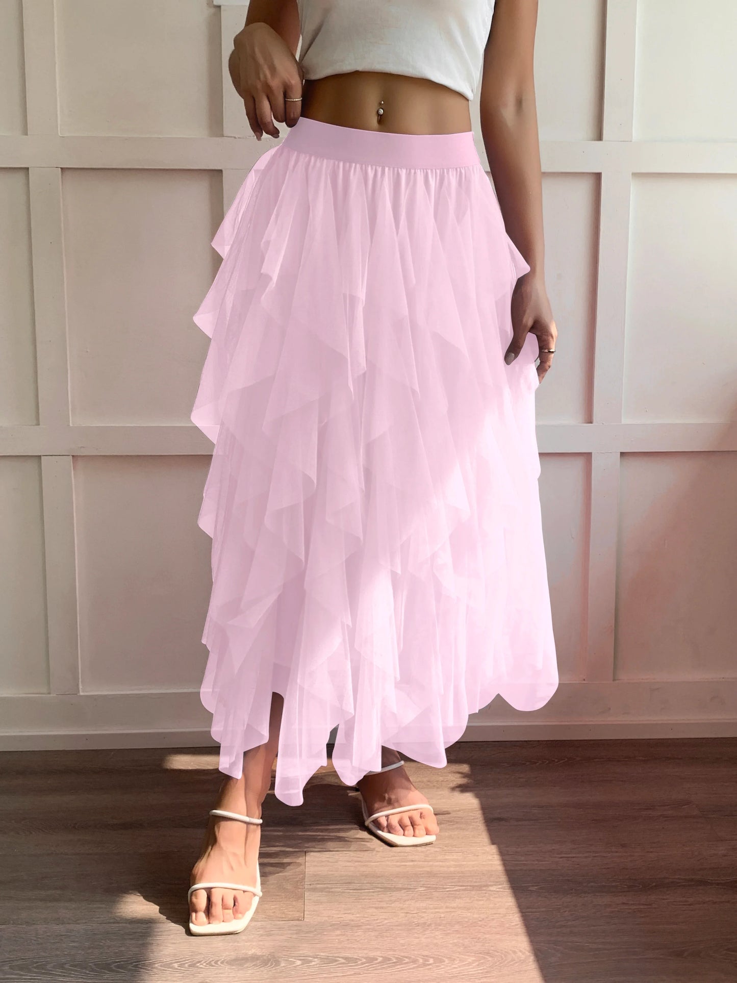 Medium waist chiffon long skirt for women, irregular layered pleated edge layered cake skirt, elegant fairy A-line skirt