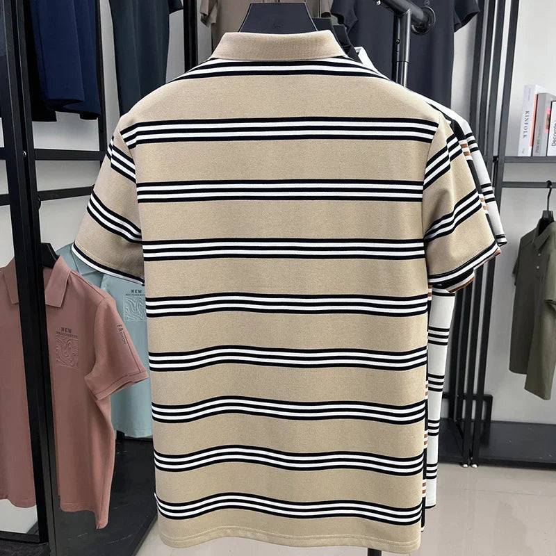 Men's Short Sleeve Embroidered Striped Polo Shirt Summer High End Brand Fashion Business Breathable Lapel T-shirt Men's Clothing