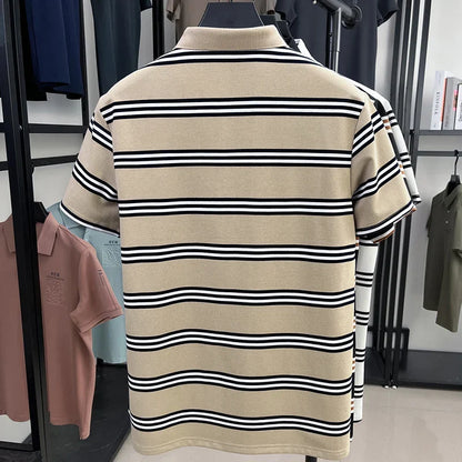 Men's Short Sleeve Embroidered Striped Polo Shirt Summer High End Brand Fashion Business Breathable Lapel T-shirt Men's Clothing