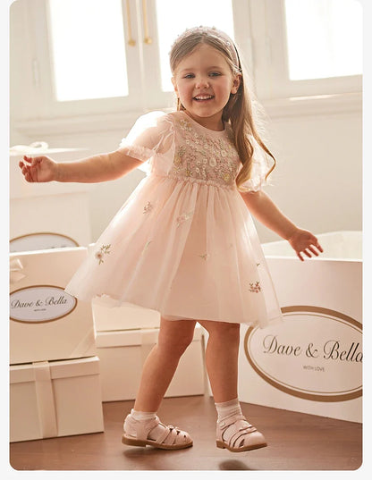 Children's Princess Dress for Girls 2025 New Summer Floral Puff Sleeves Mesh Charm Noble Cute Sweet Party DB2240549