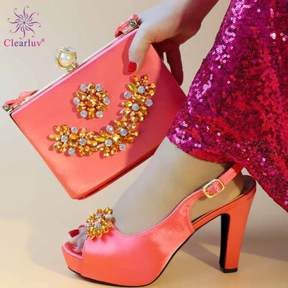 Latest Design Women Italian African Party Pumps Shoes and Bag Set Decorated with Rhinestone Women Shoe and Bag for Nigeria Party