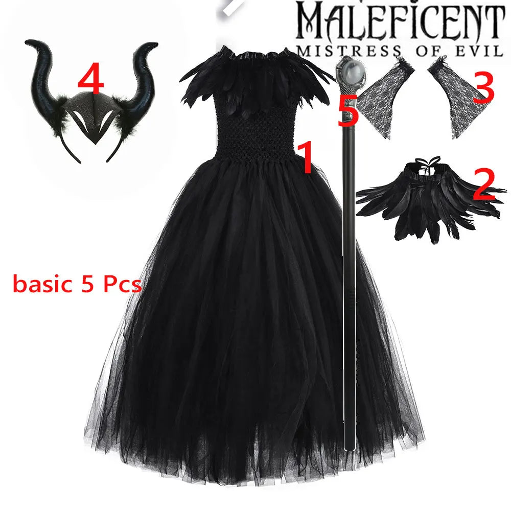 2-10Yrs Maleficent Girl Evil Queen Black Tutu Dress with Feather Scarf Halloween 2026 Villain Party Gothic Costume Gown Vestidos