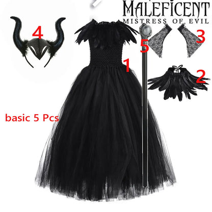 2-10Yrs Maleficent Girl Evil Queen Black Tutu Dress with Feather Scarf Halloween 2026 Villain Party Gothic Costume Gown Vestidos
