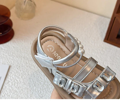 Girls' rhinestone sandals 2025 Summer New children's perforated breathable princess shoes Girls' soft-soled beach shoes