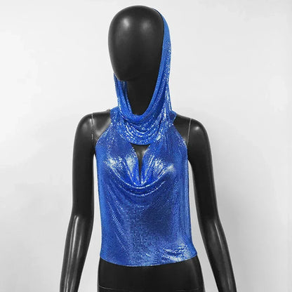 Fashion Metal Sequined Y2k Women Crop Top Tank Tops with Headscarf Metallic Sequins Sexy Backless Hollow Out Halter Corset top