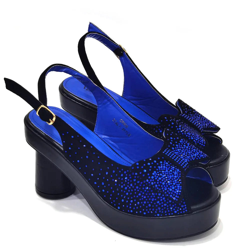 Silver Fashion Square Heels with Platform African Women Shoes and Bag Set Full Crystal Pumps for Wedding Party