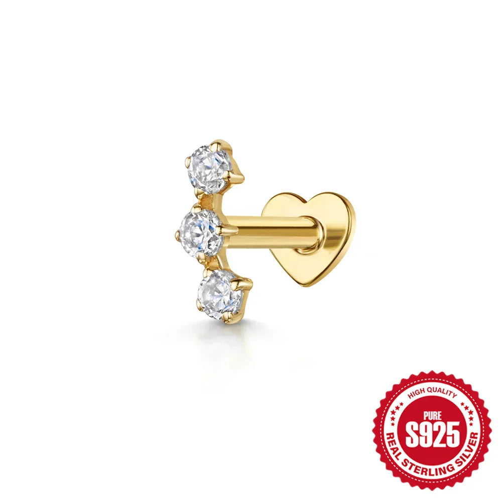 1PC 925 Sterling Silver Crown Horse Eye Zircon Heart Flat Head Cartilage Piercing Stud Earring For Women Claasic Earring