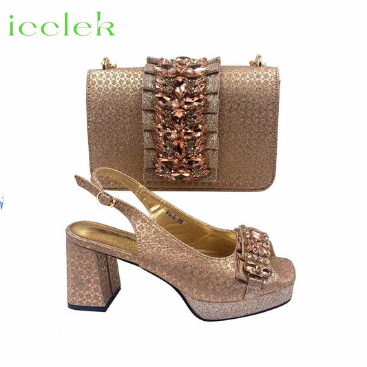 Champagne Spot goods INS Elegant Women Shoes and Bag Set Decoration Rhinestones Women High Heels Sandals Wedding Party