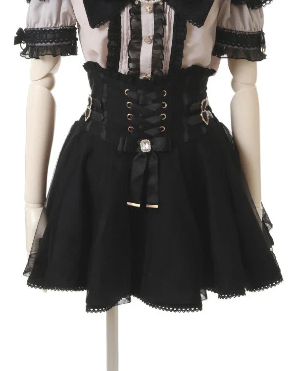Japanese Liz New Summer Lace Edge Leather Ring High Waist Pleated Skirt Ribbon Bow All-match Short Skirts Big Bow Lolita Blouses