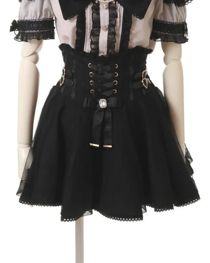 Japanese Liz New Summer Lace Edge Leather Ring High Waist Pleated Skirt Ribbon Bow All-match Short Skirts Big Bow Lolita Blouses