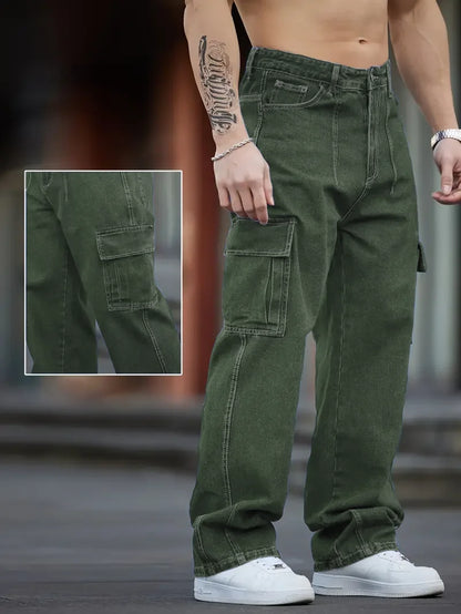 Men's Deep Blue Washed Denim Workwear Jeans Casual Multiple Pockets Design Loose Wide Leg Trousers Y2K Style Cargo Pants