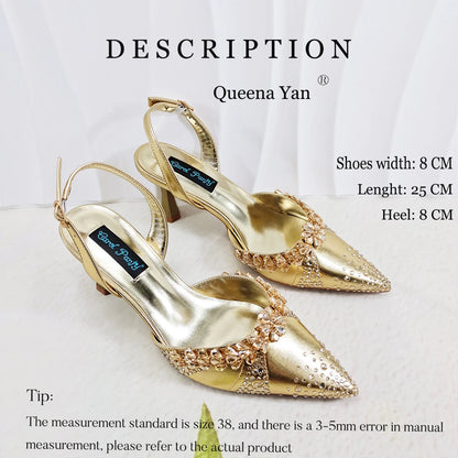 Italian Inspired Gold Rhinestone HAND CRAFTED UPPER Pointed Toe Women High Heels Shoes and Bag Set Elegant Party Shoes