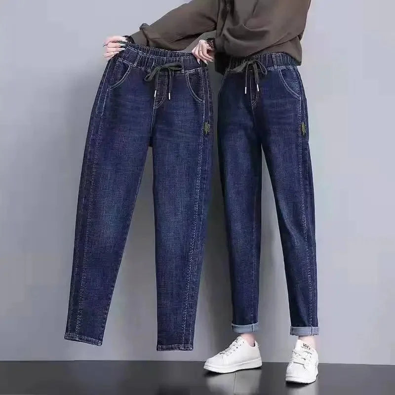 Women's Elastic Waist Denim Pants Cuffed Trendy Jeans