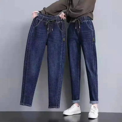 Women's Elastic Waist Denim Pants Cuffed Trendy Jeans