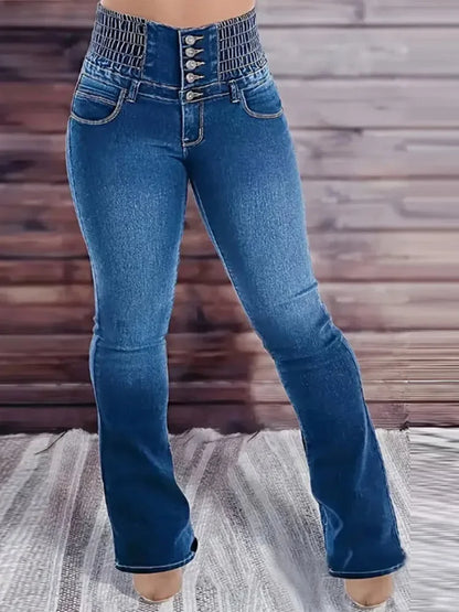 Jeans Womens High Waist Elastic Buttons Denim Long Flare Pants