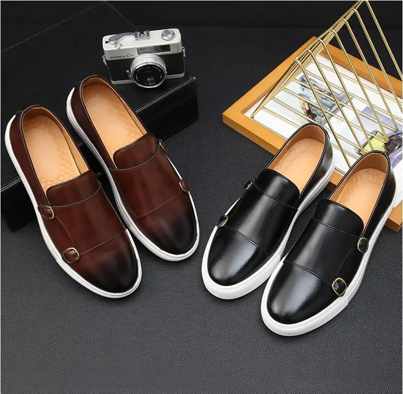 Fashion Men's Casual Shoes Snakeskin Grain Leather Men Retro British Style Loafers Monk Shoes Mens Slip-on Outdoor Driving Flats