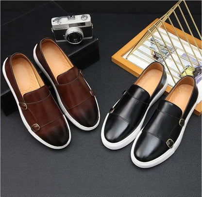 Fashion Men's Casual Shoes Snakeskin Grain Leather Men Retro British Style Loafers Monk Shoes Mens Slip-on Outdoor Driving Flats