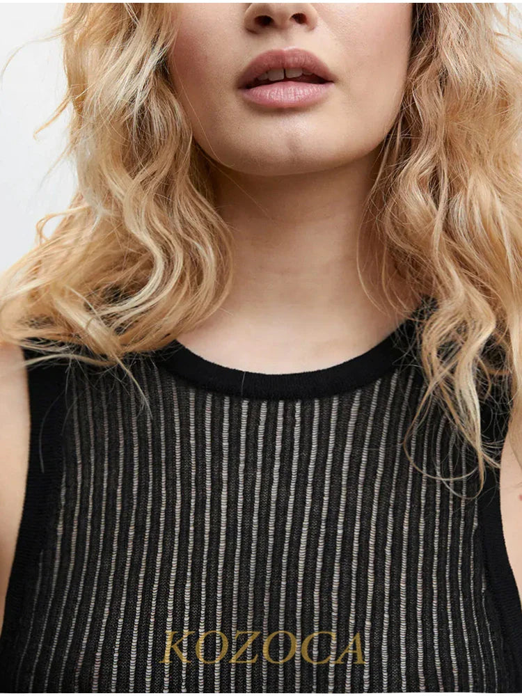 100% Wool Chic Solid Tanks Elegant Striped See Through Hollow Out Women Tops Sleeveless Elastic Tops Club Party Clothes
