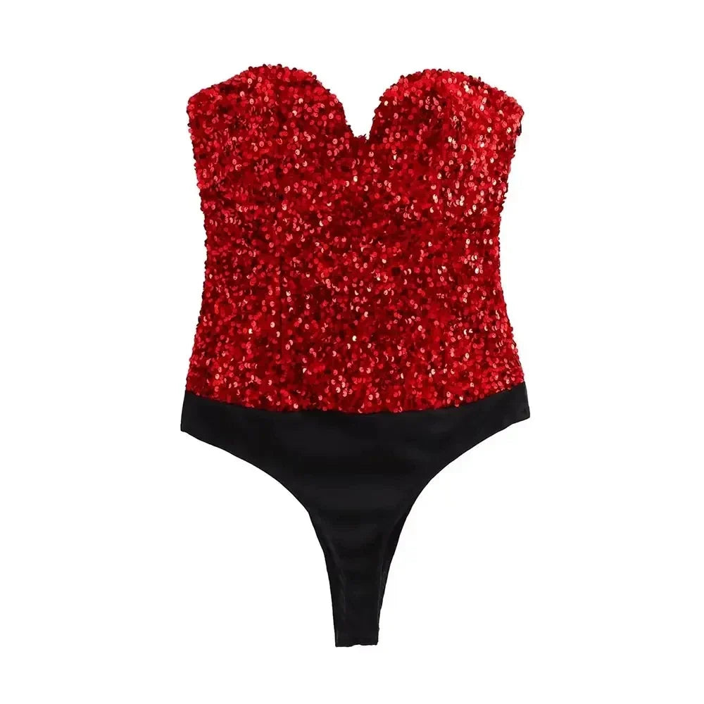 Strapless Sequin Bodysuits for Women, Backless Bodysuits, Sweetheart Neck, Female Playsuits, Sexy Fashion