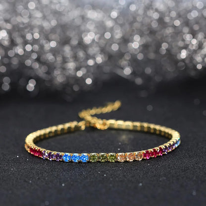 Fashion 3mm Bezel Setting Colorful 4A Cubic Zirconia Tennis 925 Sterling Silver Adjustable Bracelet for Women SB192