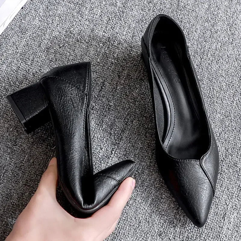 Sapato Feminino de Salto Bloco de 3-5cm Sapatos de Couro com Salto Quadrado Sapatos de Salto Agulha Zapatos De Mujer Moda Designer Escritório Senhoras Sapato Único