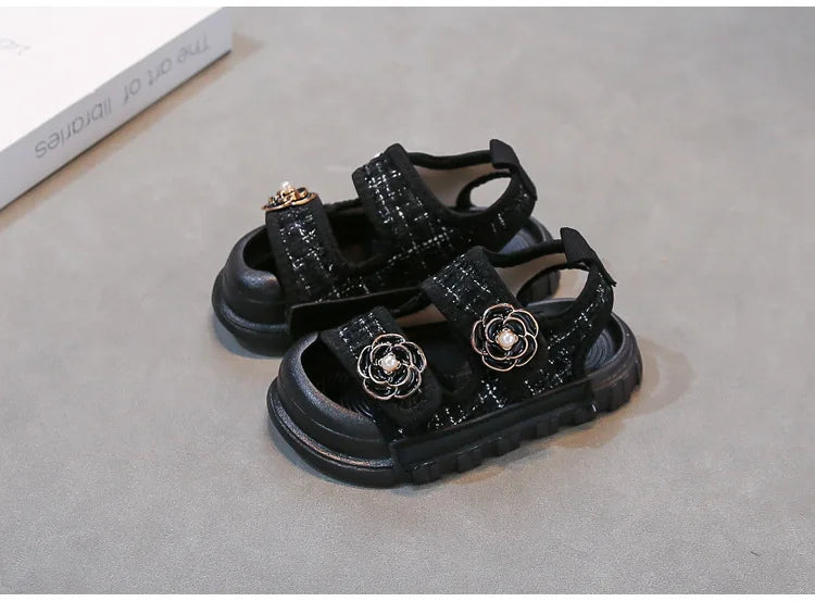 Rose Sweet Style Sandals Summer Solid Color Girls Baby Sandals Open Toe Small PU Slipper Shoes Size 21-35