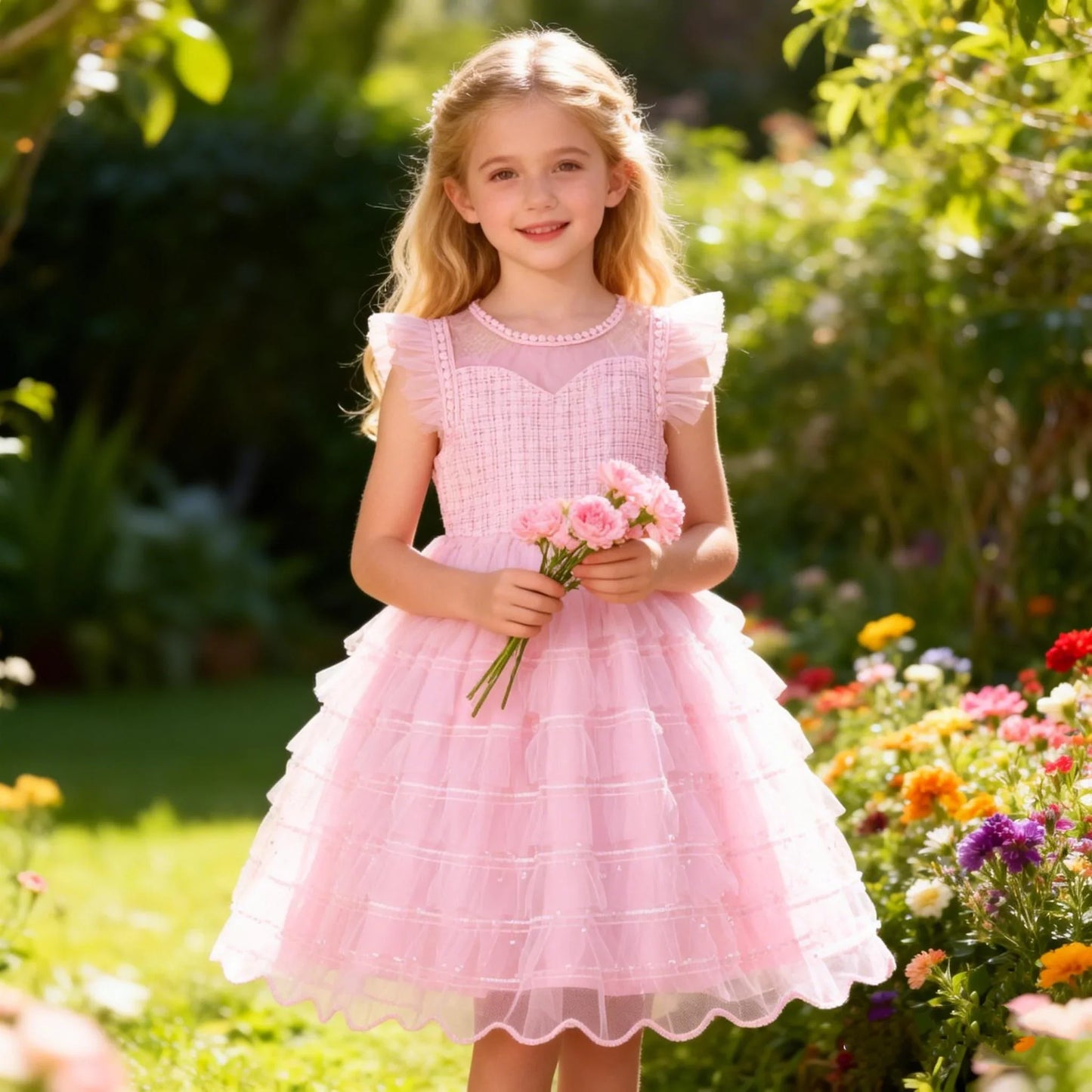 Summer Girls Sweet And Cute Sleeveless Solid Color Cake Fluffy Princess Dress Fashionable Casual Mesh Dress