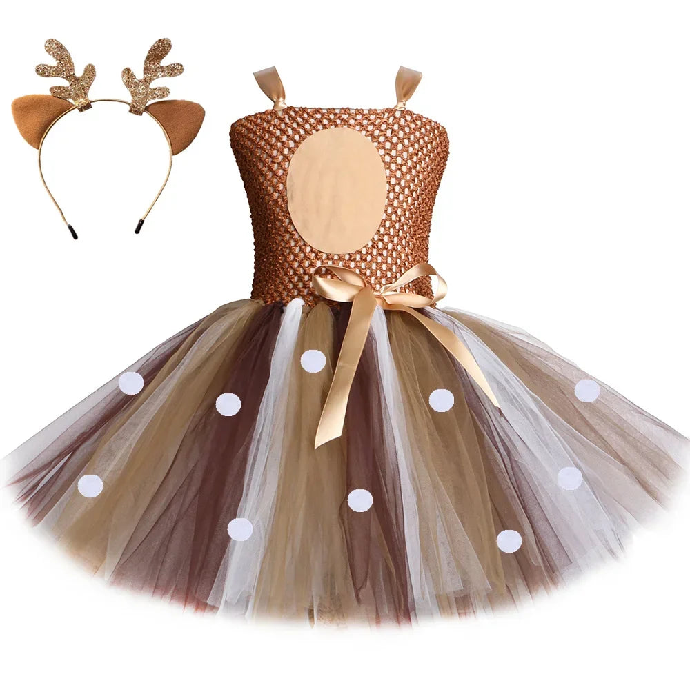 Deer Costume for Girls Christmas Tutu Dress Girls Fancy Elk Reindeer Dress Up Clothes Kids Halloween Birthday Party Costumes