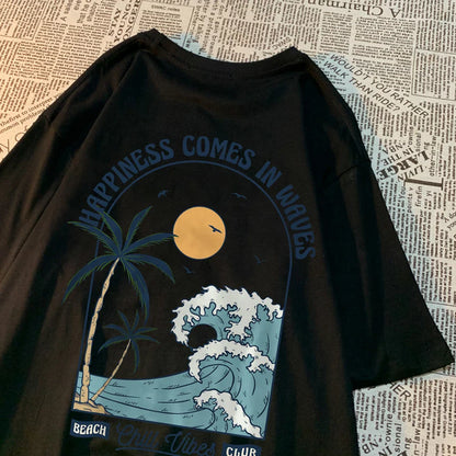Happiness Comes In Waves Printing Men Women Clothes Fashion Loose Tops Creativity Casual T Shirt Pattern Loose Tshirts Couple