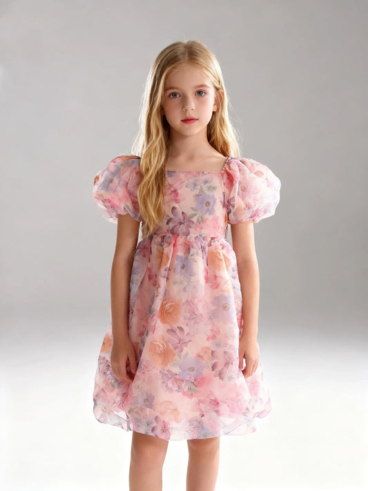 Summer New Girl Bubble Sleeve Colorful Flower Printed Princess Dress Cute Fashion Dress