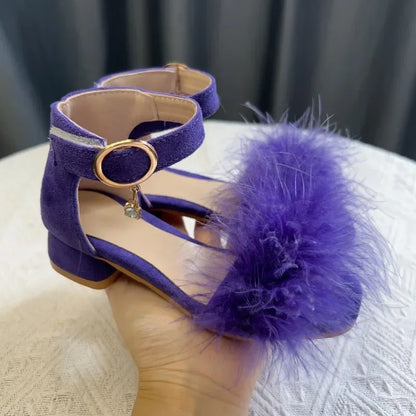 New Girls Low-heels Sandals Summer Fluffy Kids Princess Catwalk Shoes Open-toe Versatile Children Fashion Wedding Party Sandals