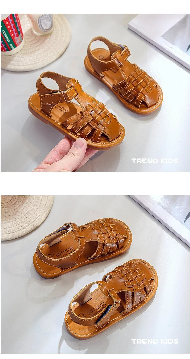 Toddler Sandals for Boys Cut outs Leather Shoes 2026 Summer Brand New Gladiator Sandals Weave Baby Boy Beach Shoes Flats H05096