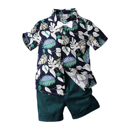 2026 Gentleman  Kids Boys Party Clothing Set Print Hawaii Style Short Sleeve Shirt +Short Pants Formal Suit Seaside Outfits 2Pcs