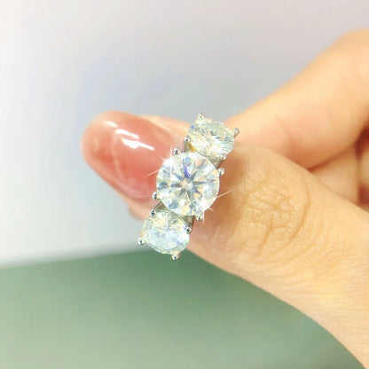 Real D Color VVS1 Round 2.0ctw Moissanite 3-Stone Ring 925 Pure Silver Jewelry Certified for Women Wedding Engagement Gift
