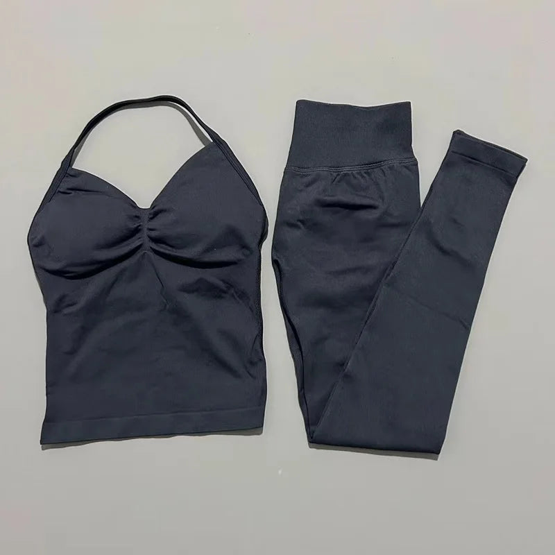 2Piece Sports Gym Set Women Longline Strappy Top Fitness Clothes Seamless Yoga Set Running Workout Sports Leggings Sets