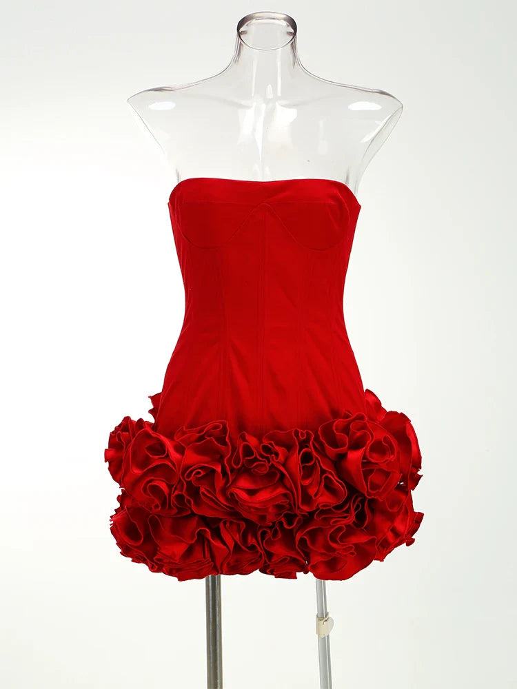 Christmas Dress Strapless Backless Red Structured Floral Embellished Mini Length Bodycon Celebrity Party Cocktail Dress