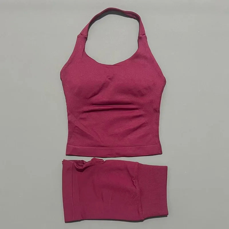 Women Seamless Gym Set 2Pcs Halter Neck Sports Crop Top High Waist Scrunch Butt Shorts Workout Fitness Yoga Tracksuit Sportswear